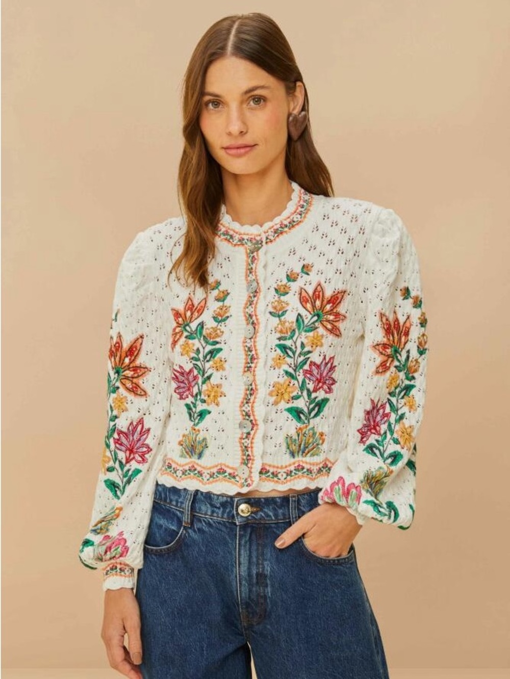 FARM Rio White Embroidered Floral Cardigan with Multicolor Flowers